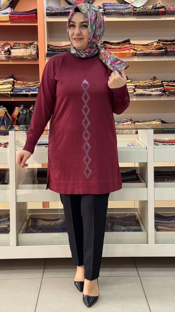  - Baklava Desen Triko Tunik Bordo/3212