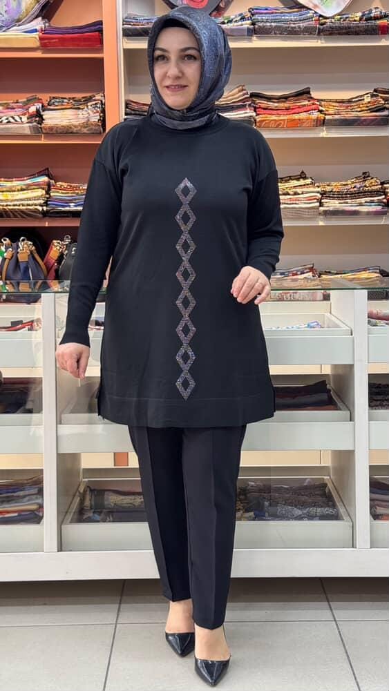  - Baklava Desen Triko Tunik Siyah/3212