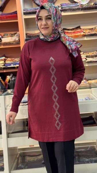 Baklava Desen Triko Tunik Bordo/3212