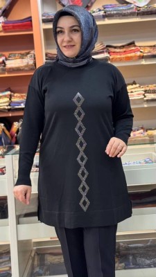Baklava Desen Triko Tunik Siyah/3212 - Thumbnail
