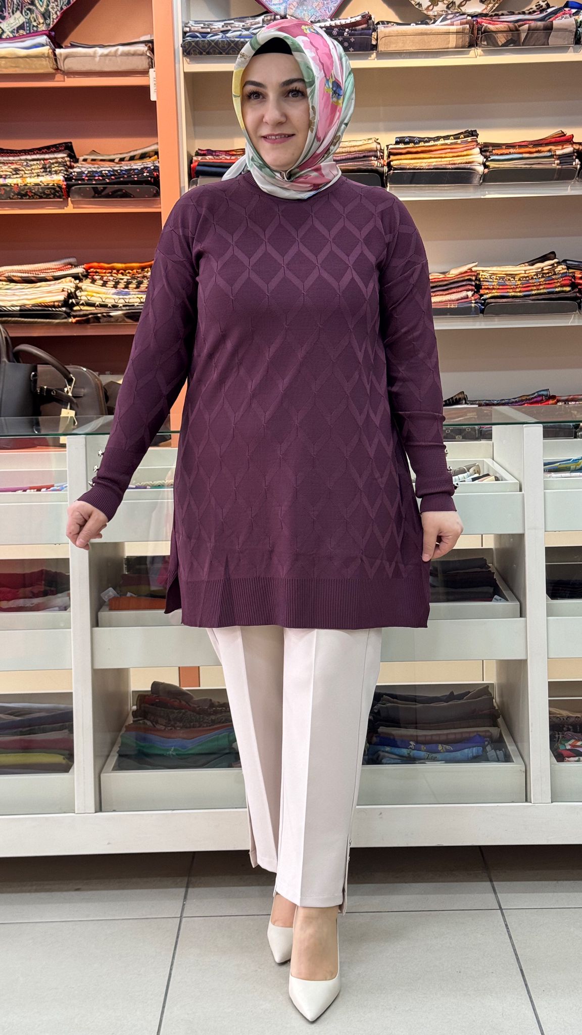 İnza Moda - Baklava Desen Triko Tunik Mürdüm/3288