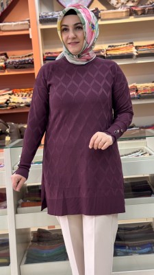 Baklava Desen Triko Tunik Mürdüm/3288 - Thumbnail