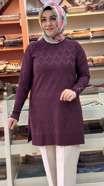 Baklava Desen Triko Tunik Mürdüm/3288