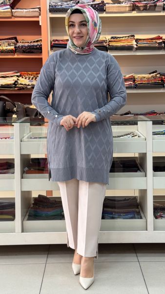 Baklava Desen Triko Tunik Gri/3288