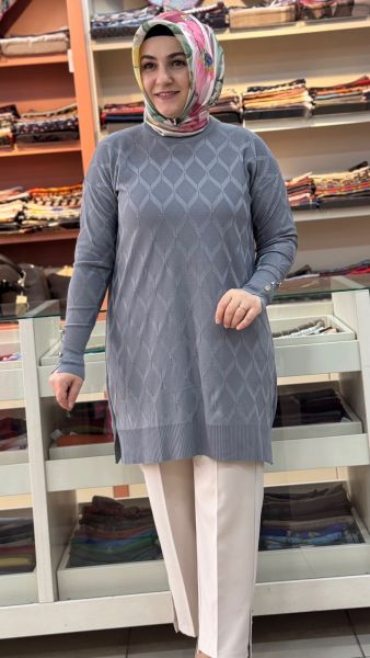 Baklava Desen Triko Tunik Gri/3288