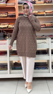 Baklava Desen Triko Tunik Vizon/3288 - Thumbnail