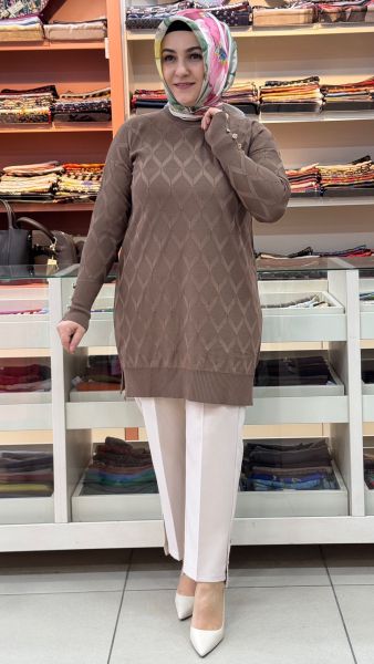 Baklava Desen Triko Tunik Vizon/3288