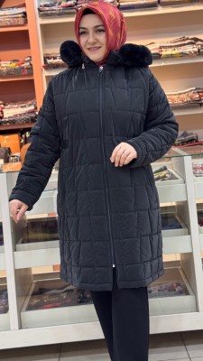 Bardak Desenli Şişme Mont Siyah/ 6177 - Thumbnail