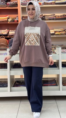 Ekru - Baskılı Pul Detaylı Sweat Tunik Kahve /2695