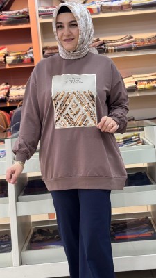 Baskılı Pul Detaylı Sweat Tunik Kahve /2695 - Thumbnail