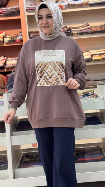 Baskılı Pul Detaylı Sweat Tunik Kahve /2695