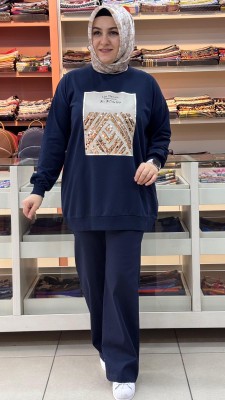 Baskılı Pul Detaylı Sweat Tunik Lacivert/2695 - Thumbnail