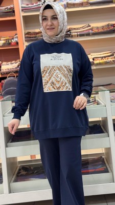 Baskılı Pul Detaylı Sweat Tunik Lacivert/2695 - Thumbnail
