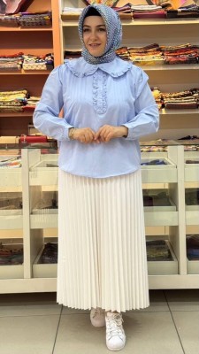 Ekru - Bebe Yaka Fırfır Detaylı Tunik Bebe Mavi/3028
