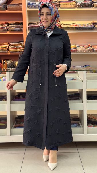 Belden Büzgü Detaylı Dik Yaka Kap Siyah/4388 