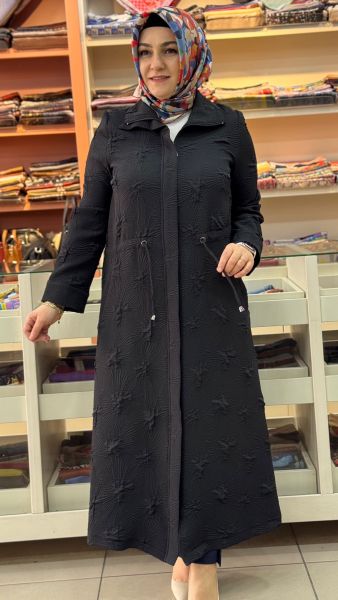 Belden Büzgü Detaylı Dik Yaka Kap Siyah/4388 