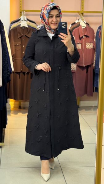 Belden Büzgü Detaylı Dik Yaka Kap Siyah/4388 