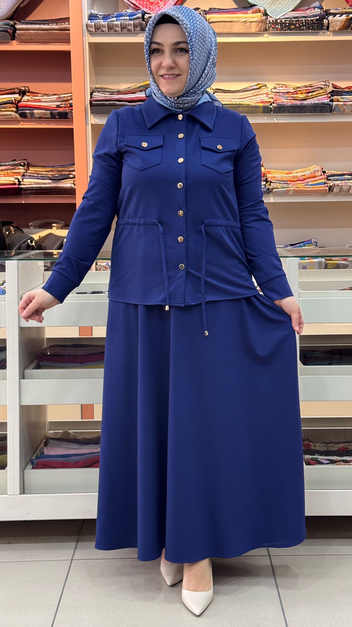 Livza - Belden Büzgü Detaylı Etekli Takım İndigo/5026 