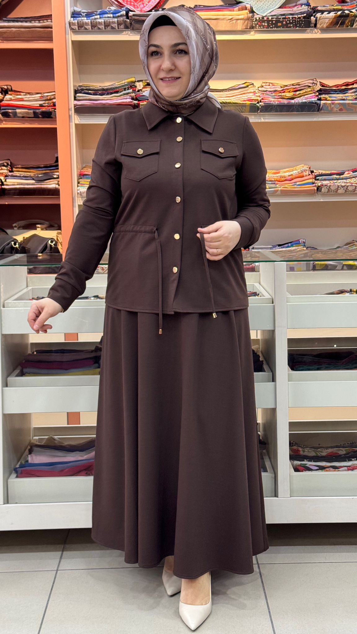 Livza - Belden Büzgü Detaylı Etekli Takım Kahverengi/5026