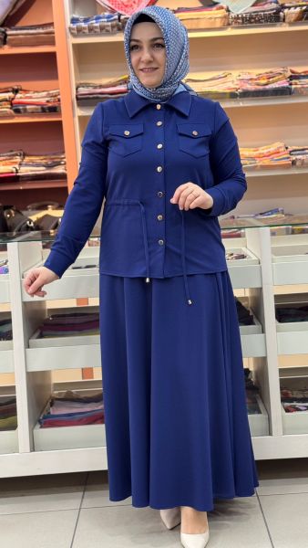 Belden Büzgü Detaylı Etekli Takım İndigo/5026 