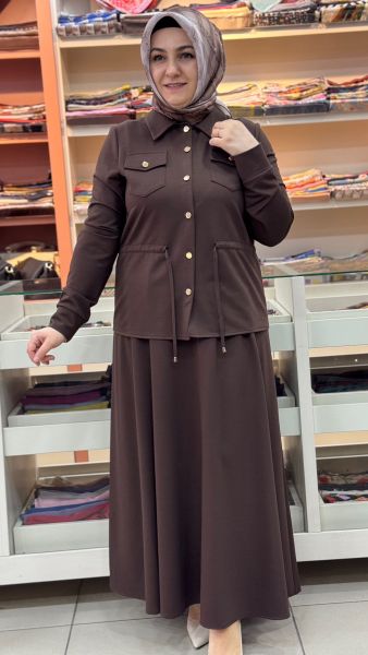 Belden Büzgü Detaylı Etekli Takım Kahverengi/5026