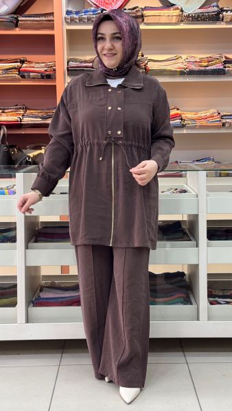 Belden Büzgülü Çıt Çıt Detaylı Takım Kahverengi/3976