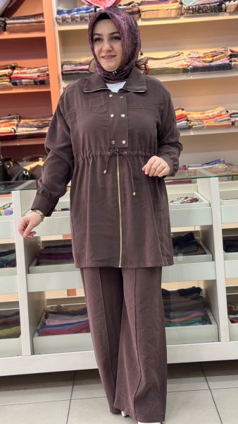 Belden Büzgülü Çıt Çıt Detaylı Takım Kahverengi/3976