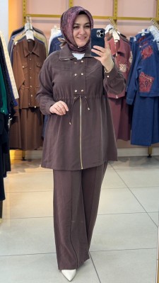 Belden Büzgülü Çıt Çıt Detaylı Takım Kahverengi/3976 - Thumbnail