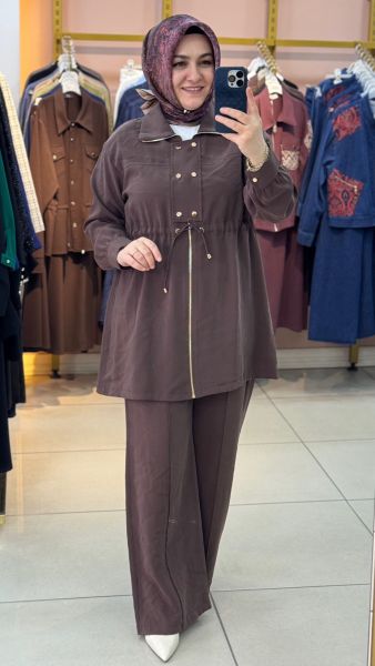 Belden Büzgülü Çıt Çıt Detaylı Takım Kahverengi/3976