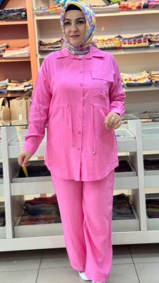 Beli Bağlamalı Cep Detaylı Takım Pembe/71283 - Thumbnail