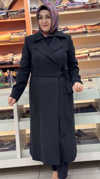 Beli Bağlamalı Kaşe Kaban Siyah/3391
