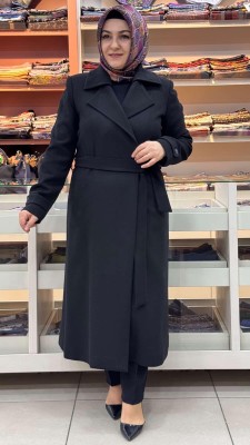 Beli Bağlamalı Kaşe Kaban Siyah/3391 - Thumbnail