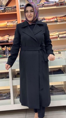 Beli Bağlamalı Kaşe Kaban Siyah/3391 - Thumbnail