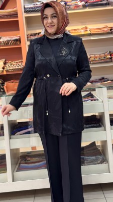 Beli Büzgü Ve Broş Detaylı Blazer Takım Siyah / 3021 - Thumbnail