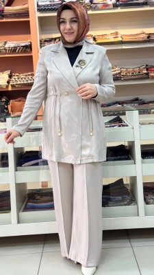 Beli Büzgü Ve Broş Detaylı Blazer Takım Taş / 3021 - Thumbnail