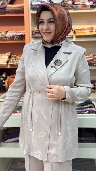 Beli Büzgü Ve Broş Detaylı Blazer Takım Taş / 3021