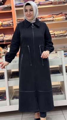 Beli Büzgülü Deri Detaylı Süet Kap Siyah/7205 - Thumbnail