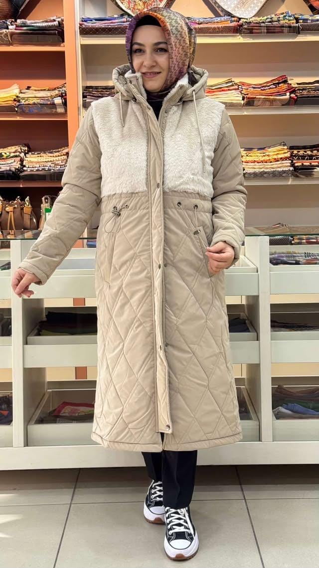 Janset - Beli Büzgülü Kürk Detaylı Şişme Mont Taş/6233