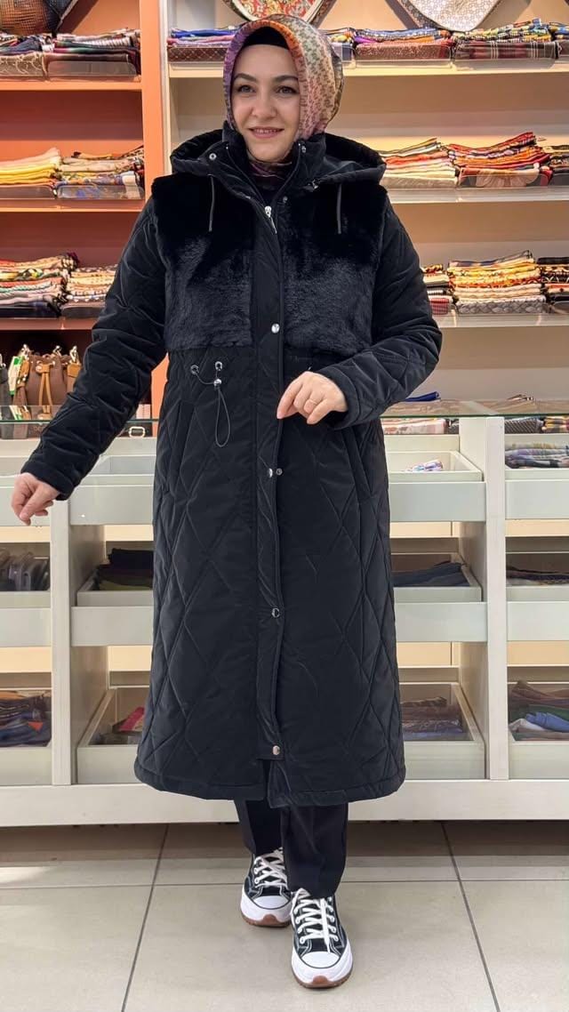 Janset - Beli Büzgülü Kürk Detaylı Şişme Mont Siyah/6233