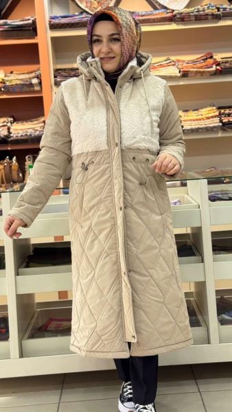 Beli Büzgülü Kürk Detaylı Şişme Mont Taş/6233