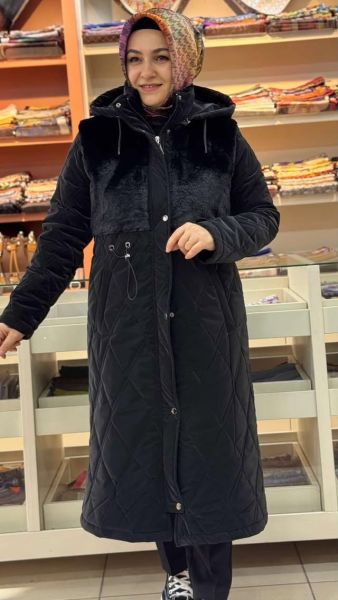 Beli Büzgülü Kürk Detaylı Şişme Mont Siyah/6233