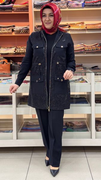 Beli Büzgülü Ve Pul Detaylı Pantolonlu Takım Siyah/30060