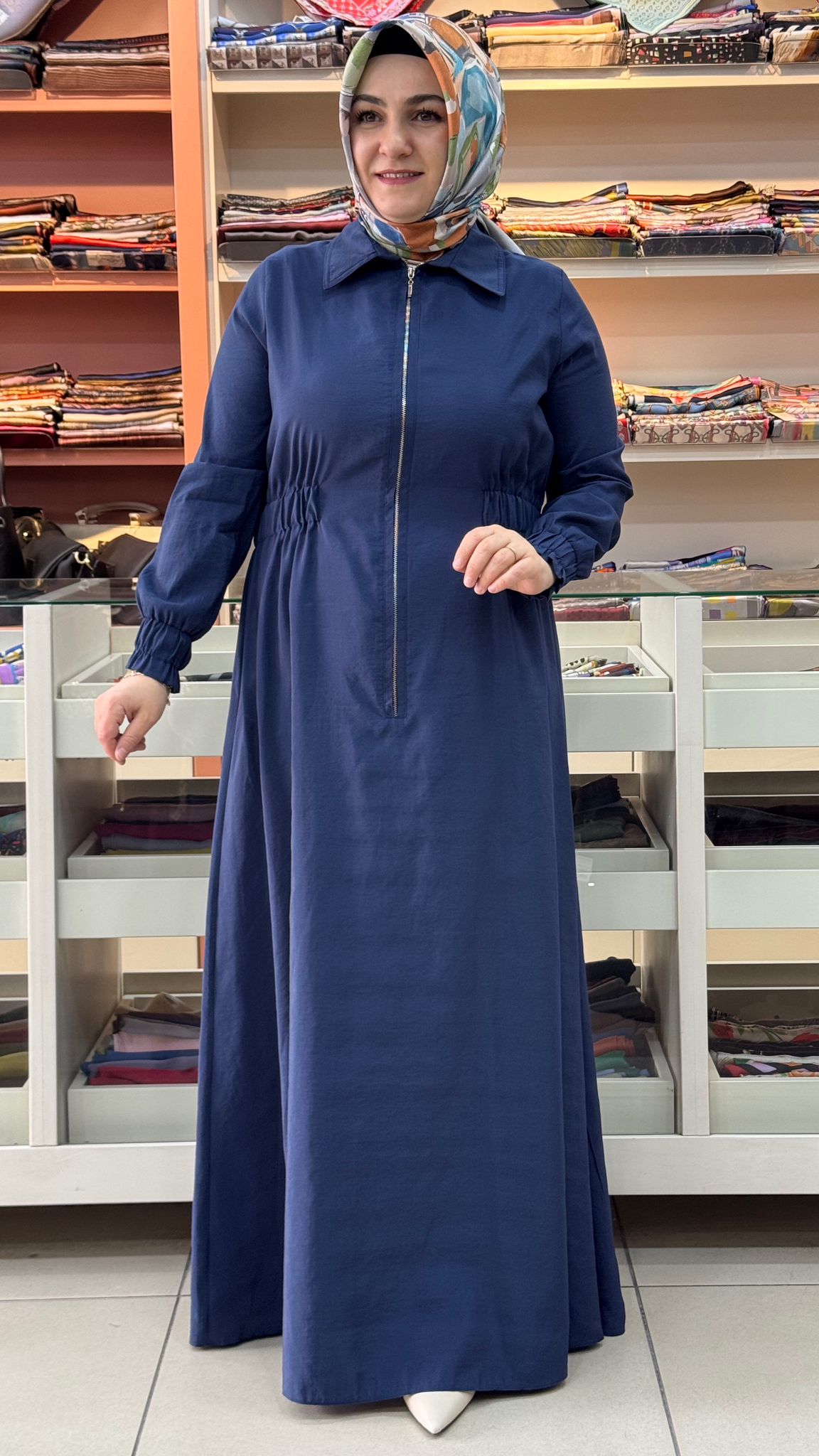 Esswap - Beli Büzgülü Yarım Fermuarlı Elbise İndigo/2613506