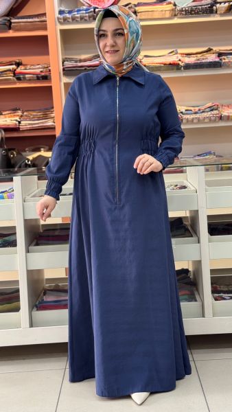 Beli Büzgülü Yarım Fermuarlı Elbise İndigo/2613506