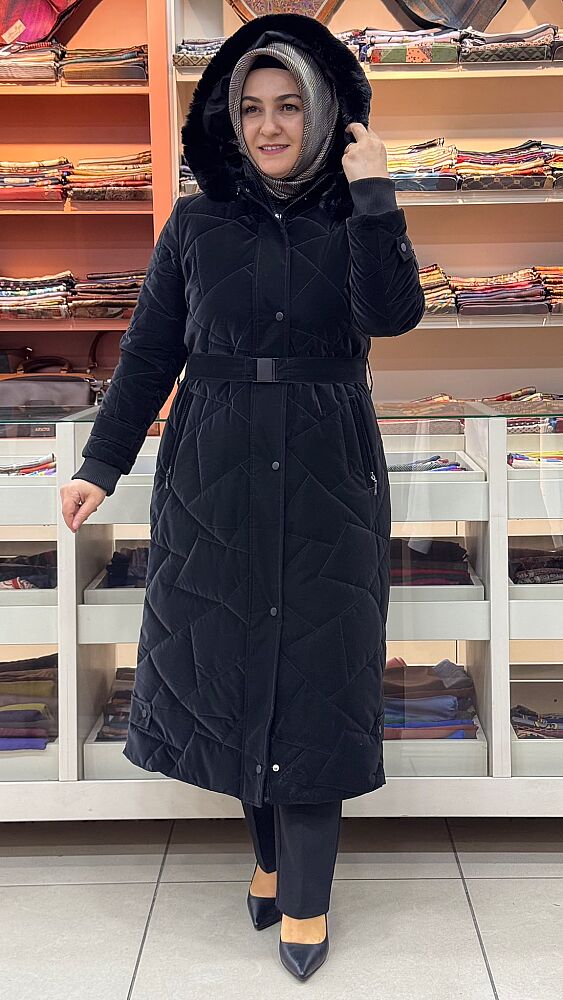 Beli Kemerli Kapüşonu Kürk Detaylı Mont Siyah/6251 - 3