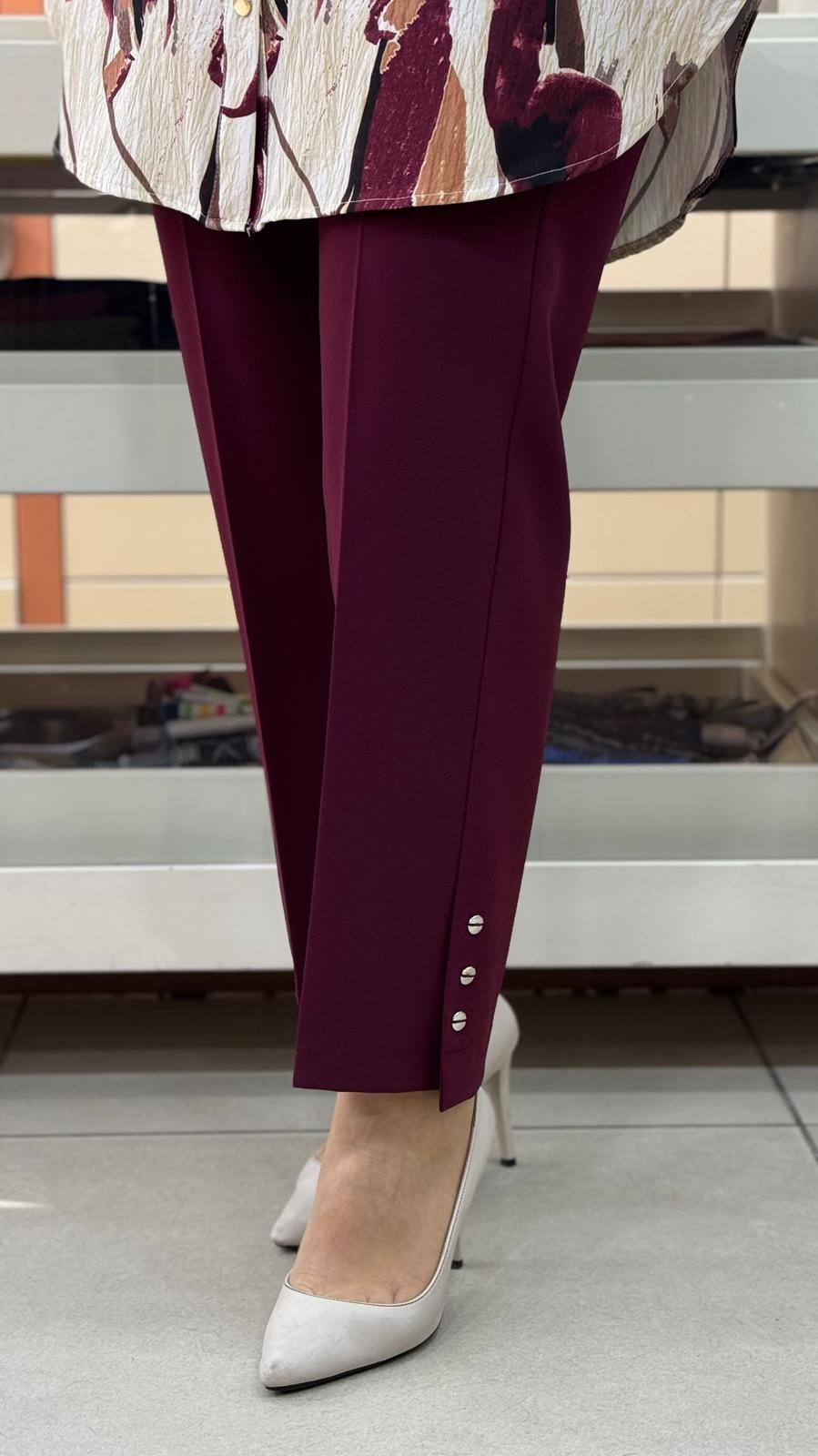 FAMELİN - Beli Lastikli Paçası Düğme Detaylı Dar Paça Pantolon Bordo/1606