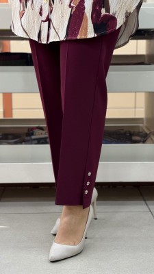 Beli Lastikli Paçası Düğme Detaylı Dar Paça Pantolon Bordo/1606 - Thumbnail