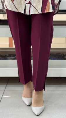 Beli Lastikli Paçası Düğme Detaylı Dar Paça Pantolon Bordo/1606 - Thumbnail