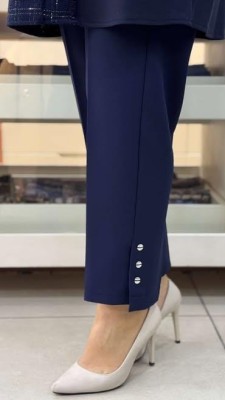 FAMELİN - Beli Lastikli Paçası Düğme Detaylı Dar Paça Pantolon Lacivert/1606