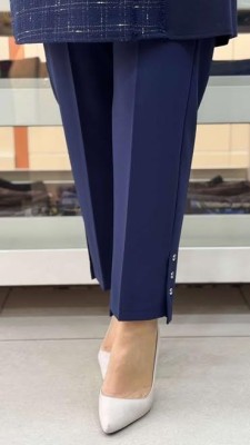 Beli Lastikli Paçası Düğme Detaylı Dar Paça Pantolon Lacivert/1606 - Thumbnail